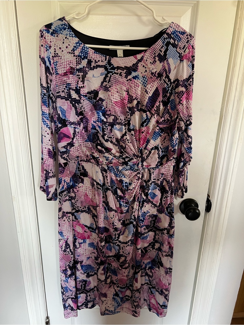 Dana Buchman Pink and Blue Abstract Twist-Front Long Sleeve Dress
